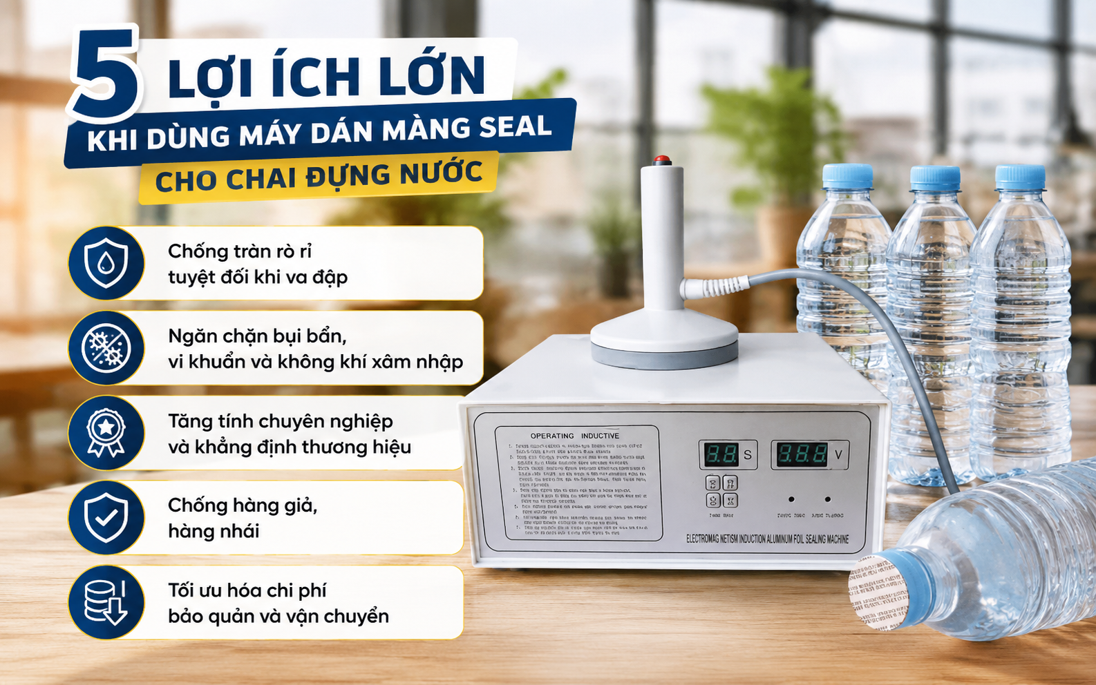 5 lợi ích lớn khi dùng máy dán màng seal cho chai đựng nước