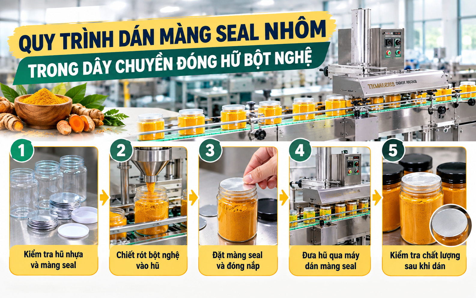 Quy trình dán màng seal nhôm trong dây chuyền đóng hũ bột nghệ
