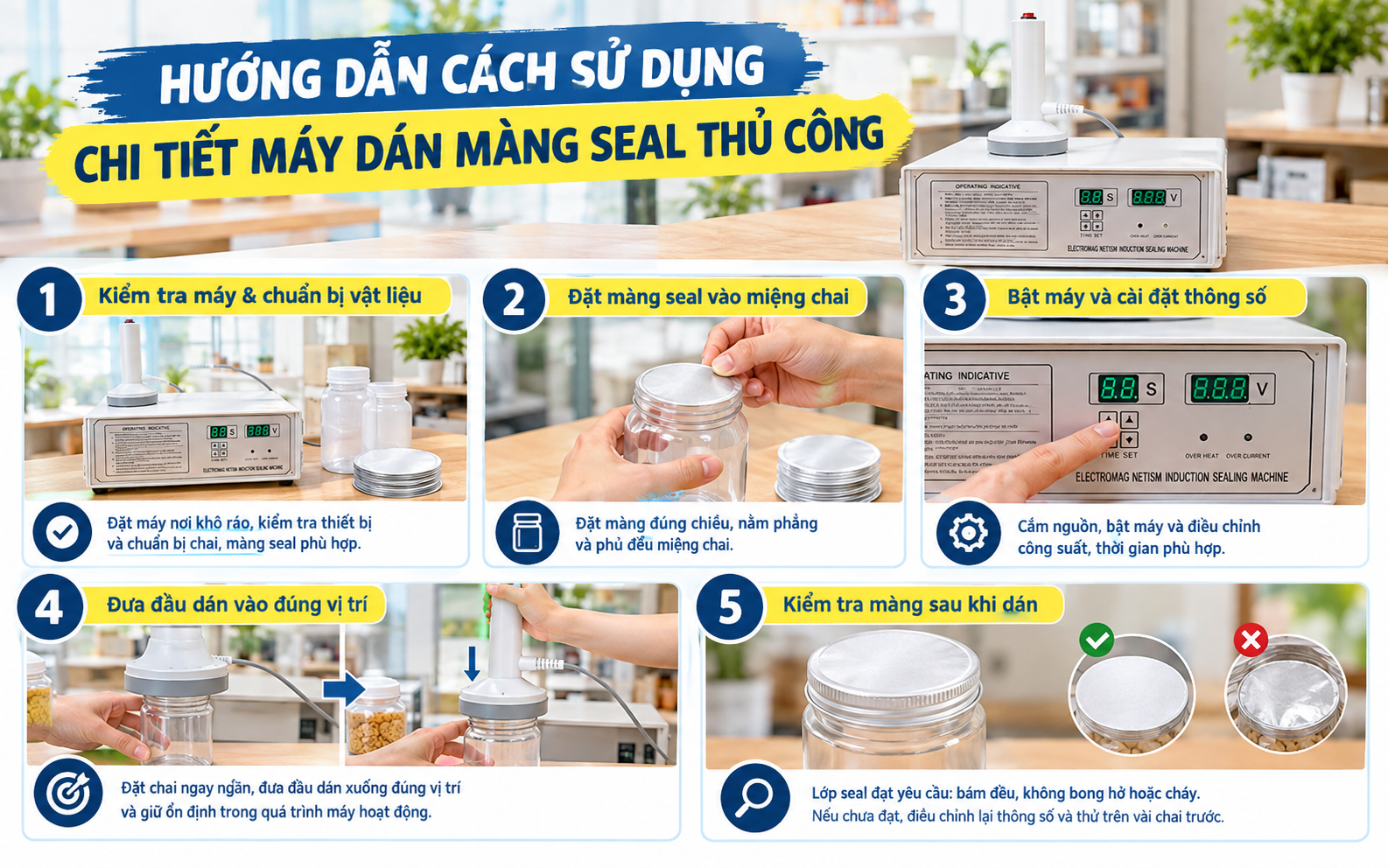Hướng dẫn cách sử dụng chi tiết máy dán màng seal thủ công