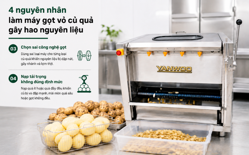 nguyên nhân làm máy gọt vỏ củ quả gây hao nguyên liệu
