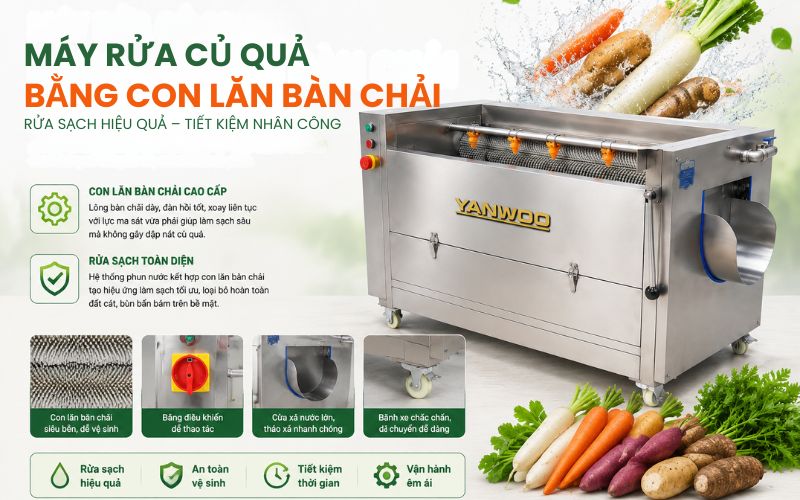 Máy rửa củ quả bằng con lăn bàn chải 