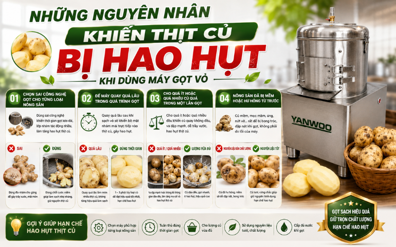 Những nguyên nhân khiến thịt củ bị hao hụt khi dùng máy gọt vỏ