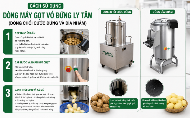 Cách sử dụng dòng máy gọt vỏ đứng ly tâm