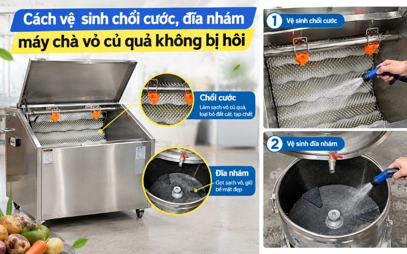 Cách vệ sinh chổi cước, đĩa nhám máy chà vỏ củ quả không bị hôi