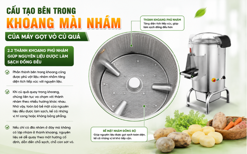 Thành khoang phủ nhám giúp nguyên liệu được làm sạch đồng đều