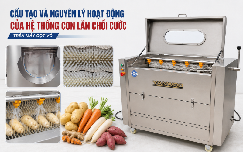 Cấu tạo và nguyên lý hoạt động của hệ thống con lăn chổi cước trên máy gọt vỏ