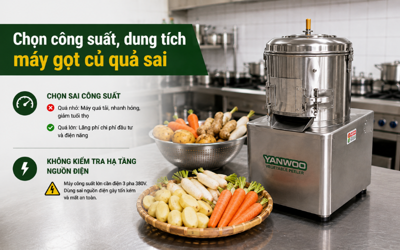 Chọn công suất, dung tích máy gọt củ quả sai