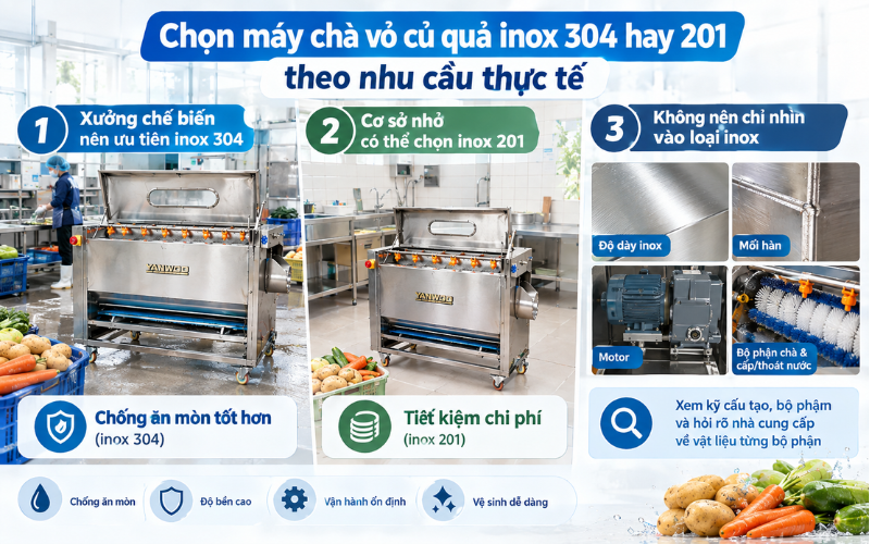 Chọn máy chà vỏ củ quả inox 304 hay 201 theo nhu cầu thực tế