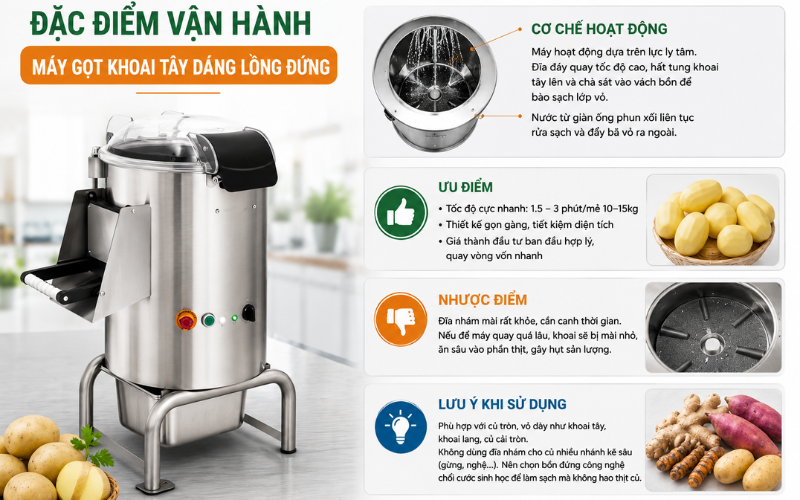 Đặc điểm vận hành của dòng máy gọt khoai tây dáng lồng đứng
