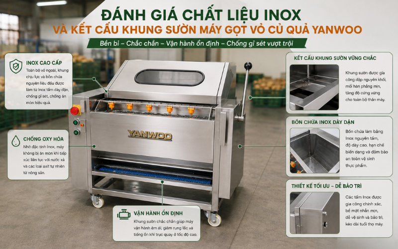 Đánh giá chất liệu Inox và kết cấu khung sườn máy gọt vỏ củ quả Yanwoo