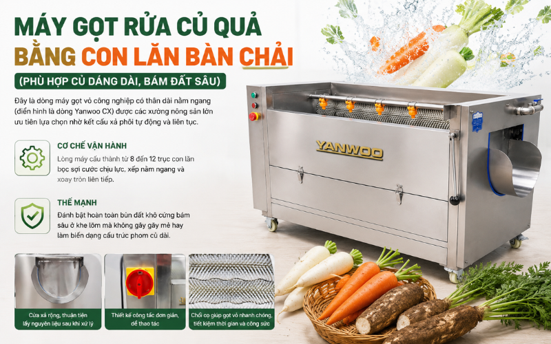 Máy gọt vỏ củ quả bằng con lăn bàn chả