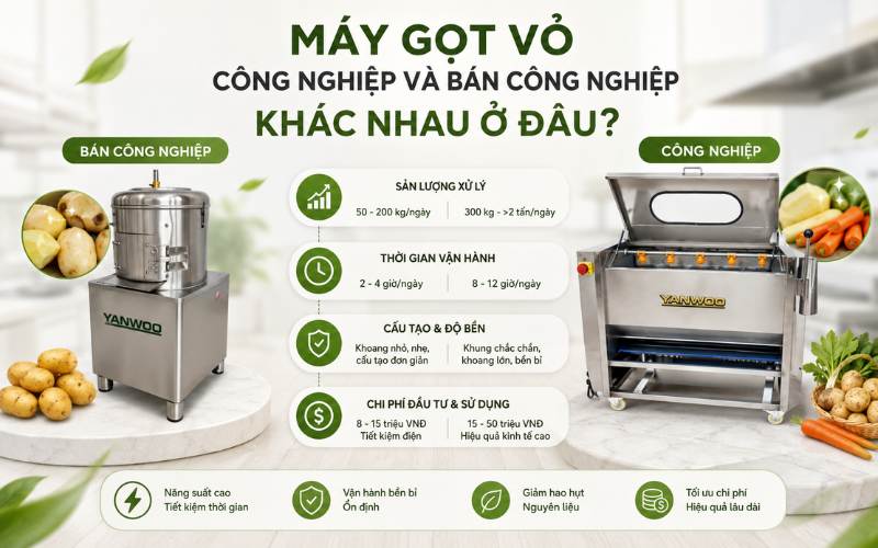 Máy gọt vỏ công nghiệp và bán công nghiệp khác nhau ở đâu?