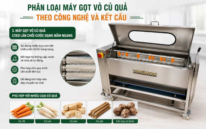 Máy gọt vỏ củ quả con lăn chổi cước dạng nằm ngang