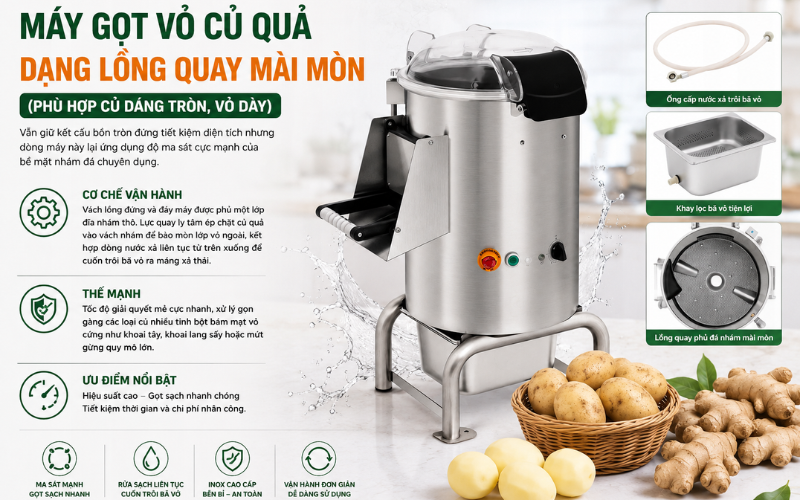 Máy gọt rửa củ quả dạng lồng quay mài mòn