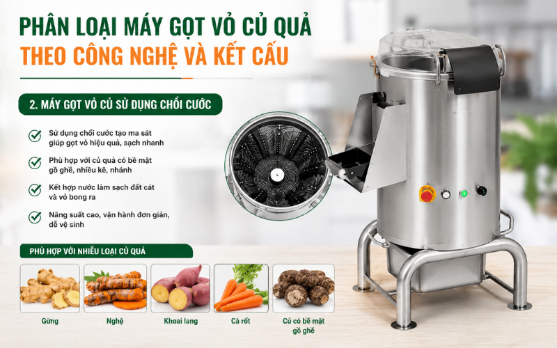 Máy gọt vỏ củ sử dụng chổi cước