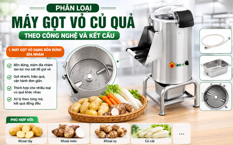 Máy gọt vỏ dạng bồn đứng đĩa nhám