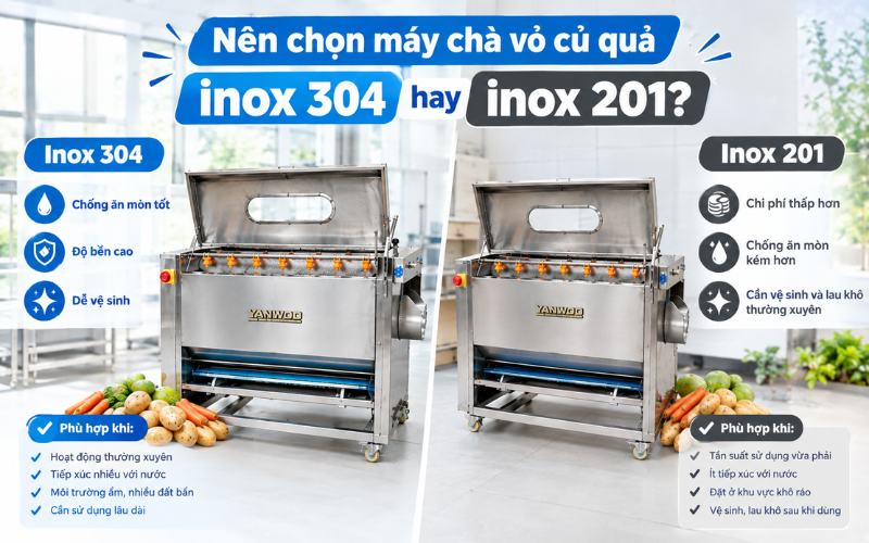 Nên chọn máy chà vỏ củ quả inox 304 hay inox 201?