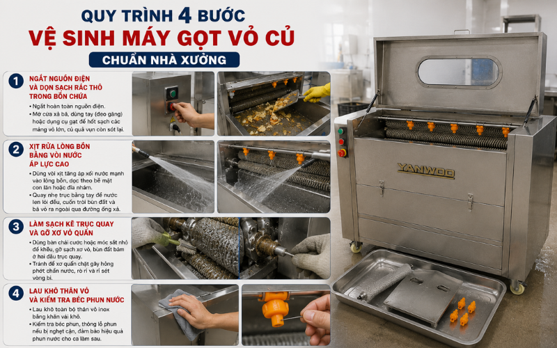 Quy trình 4 bước vệ sinh máy gọt vỏ củ chuẩn nhà xưởng