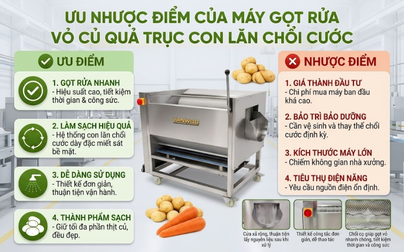 Ưu nhược điểm của máy gọt rửa vỏ củ quả trục con lăn chổi cước