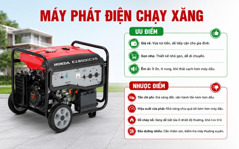 Ưu nhược điểm của máy phát chạy bằng xăng