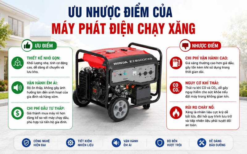 Ưu nhược điểm của máy phát điện chạy xăng