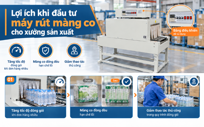 Lợi ích khi đầu tư máy rút màng co cho xưởng sản xuất