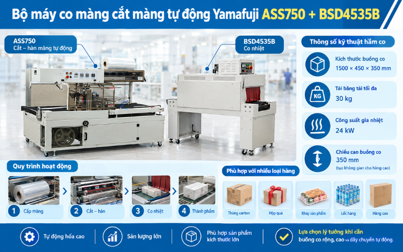Bộ máy co màng cắt màng tự động Yamafuji ASS750 + BSD4535B