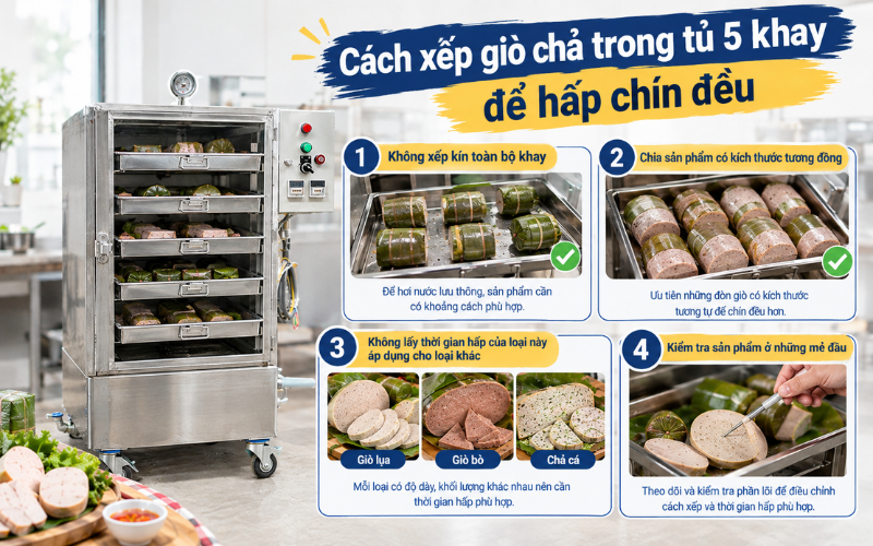 Cách xếp giò chả trong tủ 5 khay để hấp chín đều