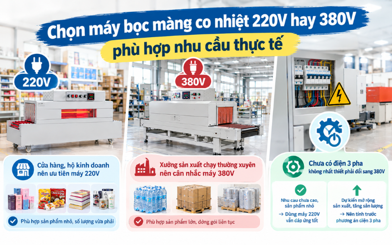 Chọn máy bọc màng co nhiệt 220V hay 380V phù hợp nhu cầu thực tế