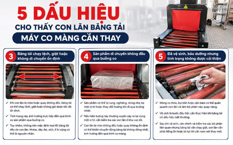 Dấu hiệu cho thấy con lăn băng tải máy co màng cần thay