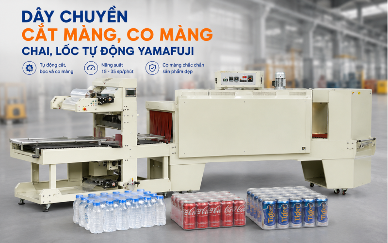 Dây chuyền cắt màng, co màng chai, lốc tự động Yamafuji