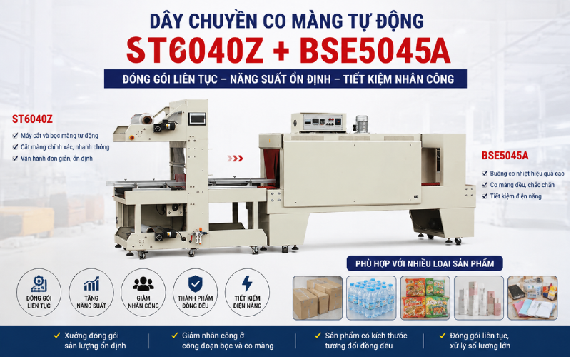Dây chuyền co màng tự động ST6040Z + BSE5045A đóng gói liên tục