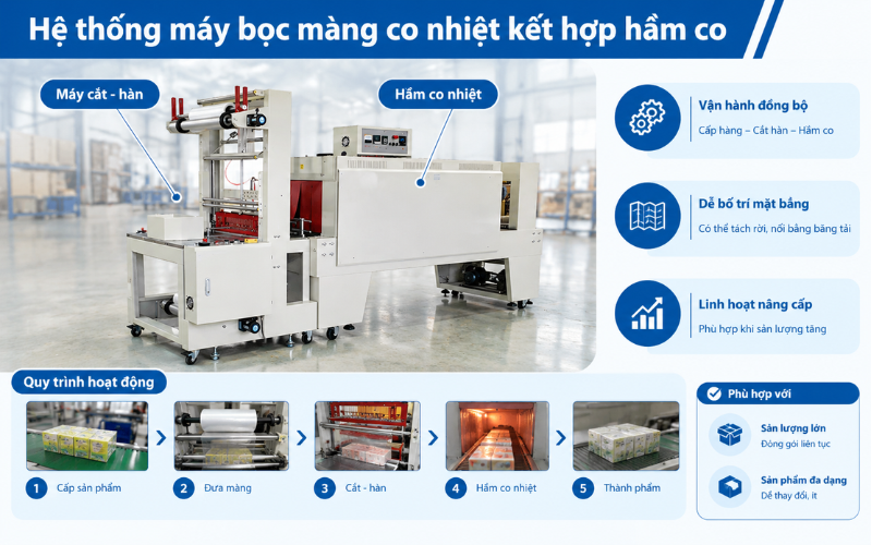 Hệ thống máy bọc màng co nhiệt kết hợp hầm co