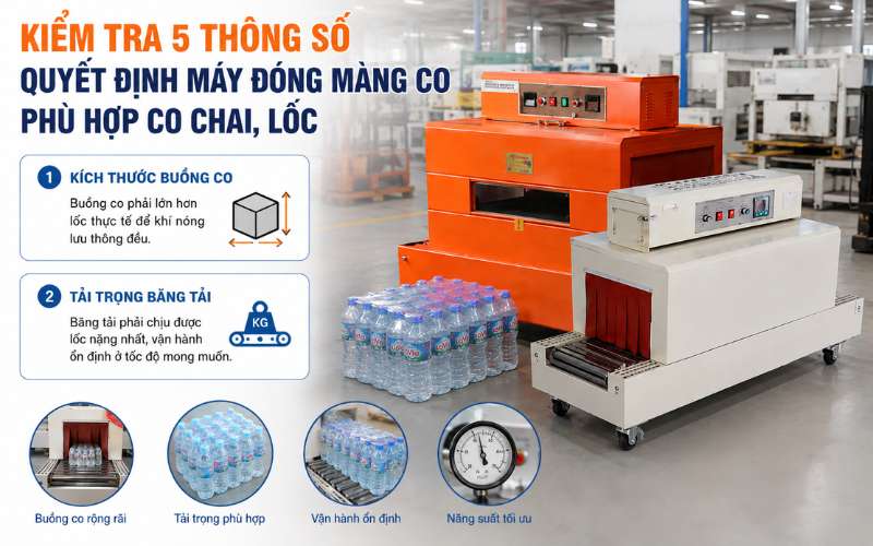 Kiểm tra 5 thông số quyết định máy đóng màng co phù hợp co chai, lốc