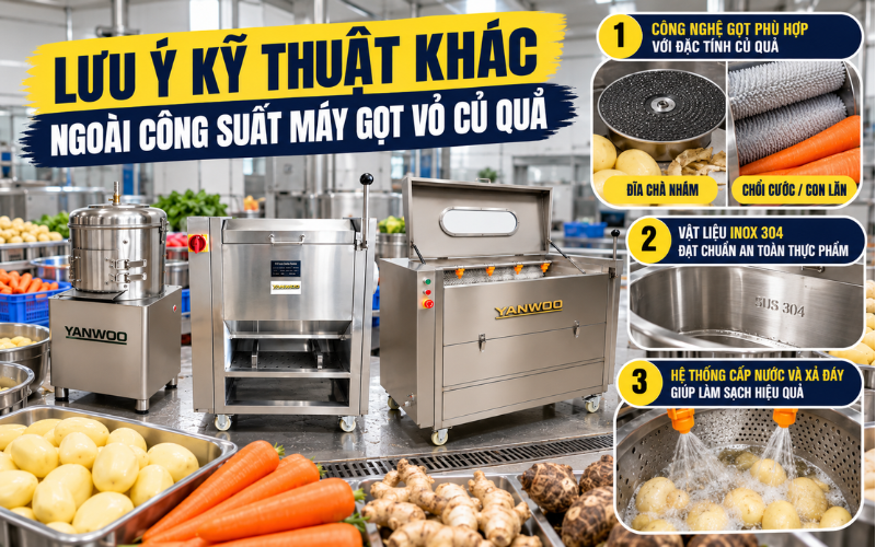 Lưu ý kỹ thuật khác ngoài công suất máy gọt vỏ củ quả