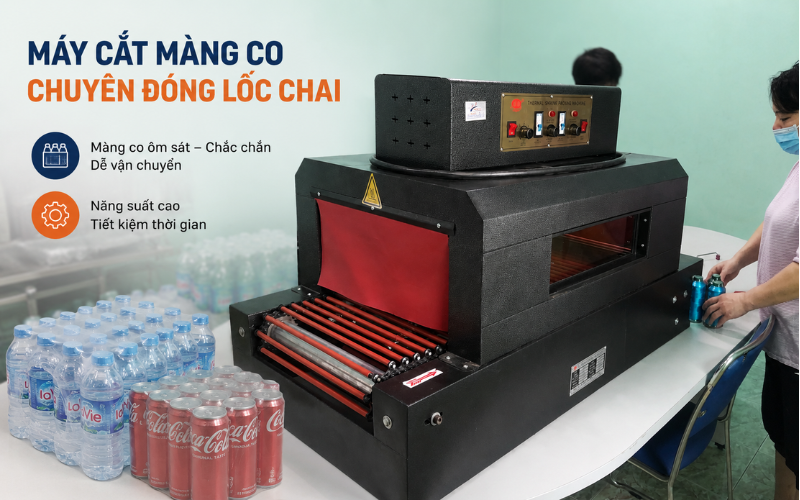 Máy cắt màng co chuyên đóng lốc chai
