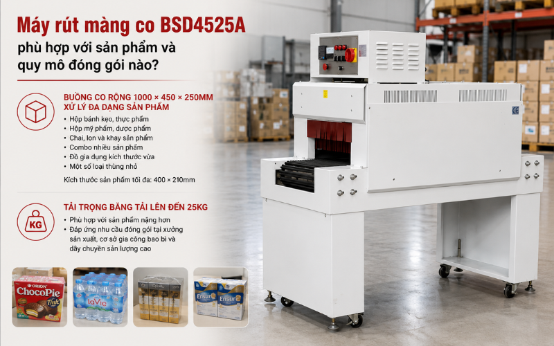 Máy rút màng co BSD4525A phù hợp với sản phẩm và quy mô đóng gói nào