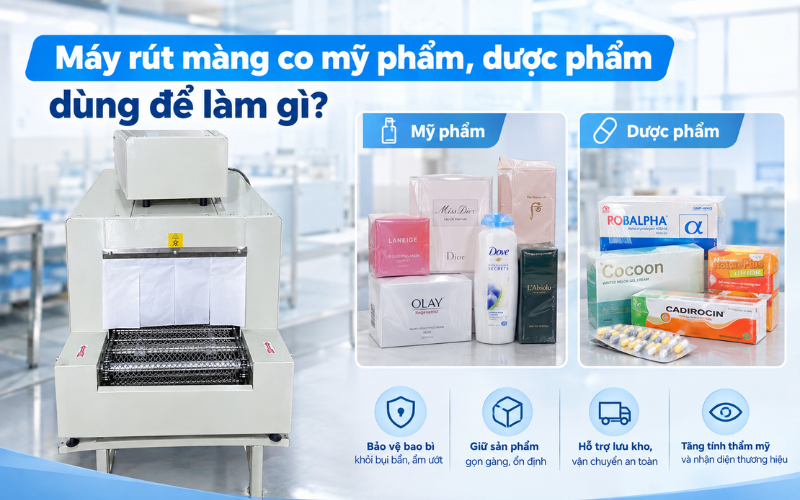 Máy rút màng co mỹ phẩm, dược phẩm dùng để làm gì