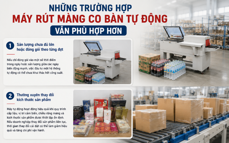 Những trường hợp máy rút màng co bán tự động vẫn phù hợp hơn