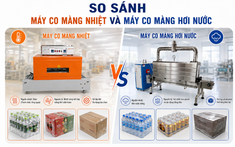 So sánh máy co màng nhiệt và máy co màng hơi nước