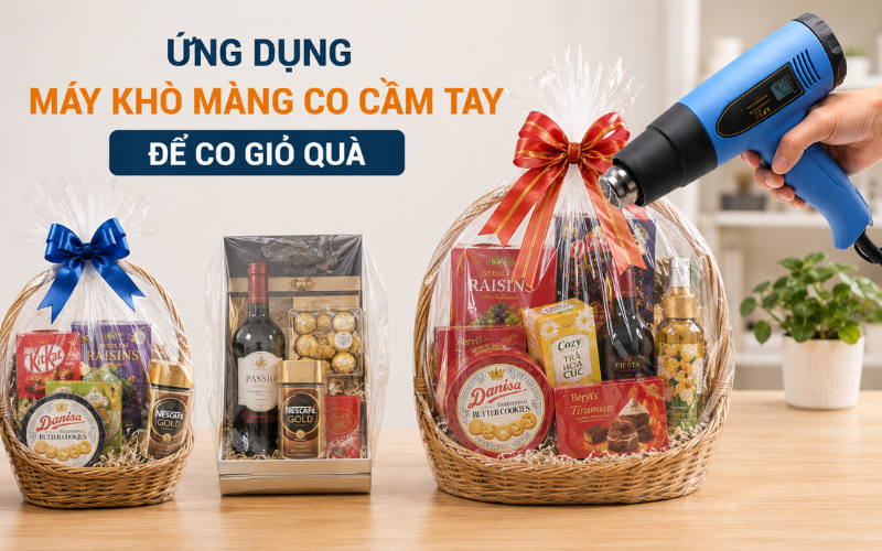 Ứng dụng máy khò màng co cầm tay để co giỏ quà