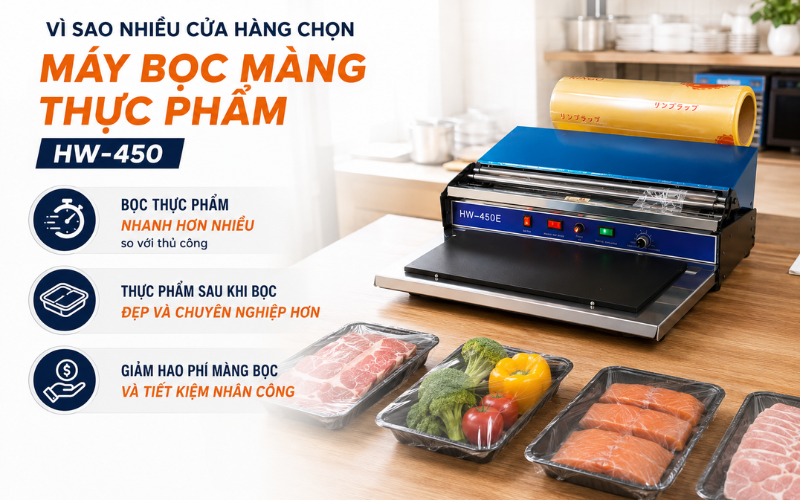 Vì sao nhiều cửa hàng chọn máy bọc màng thực phẩm HW-450