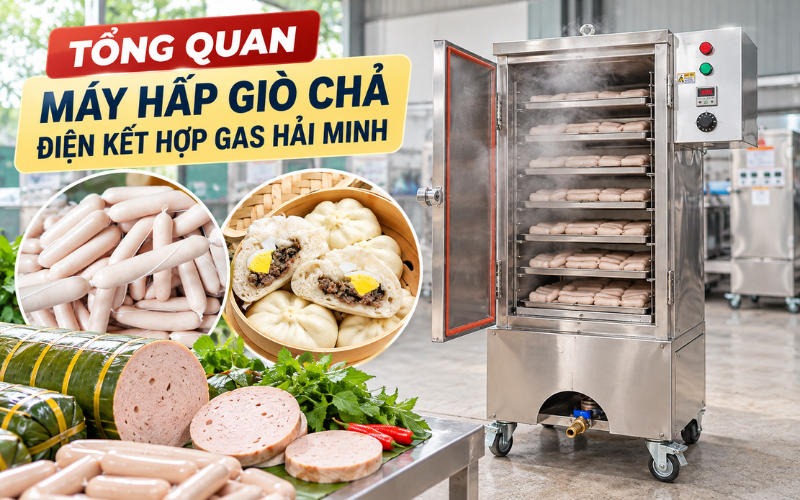 Tổng quan máy hấp giò chả điện kết hợp gas Hải Minh