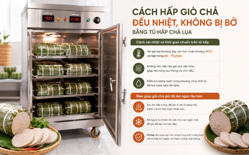 Cách hấp chả bò bằng tủ hấp chả lụa cho nhiệt ổn định hơn