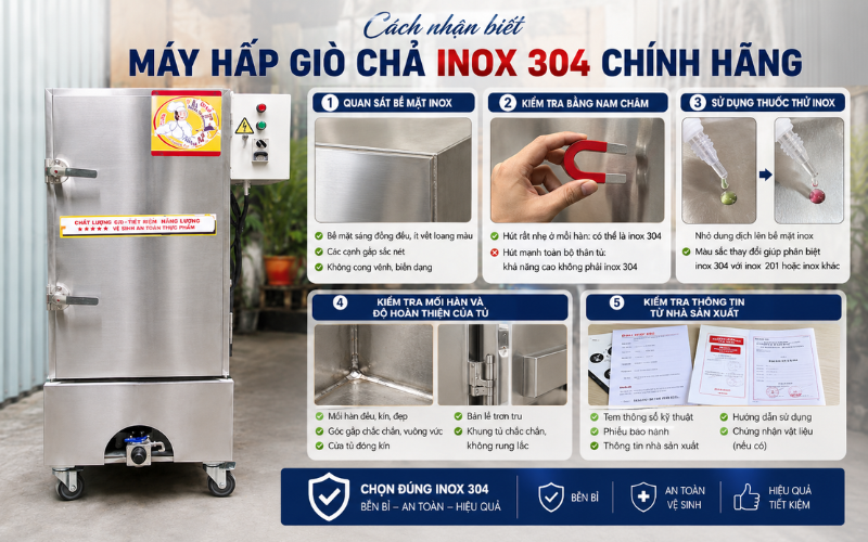 Cách nhận biết máy hấp giò chả inox 304 chính hãng