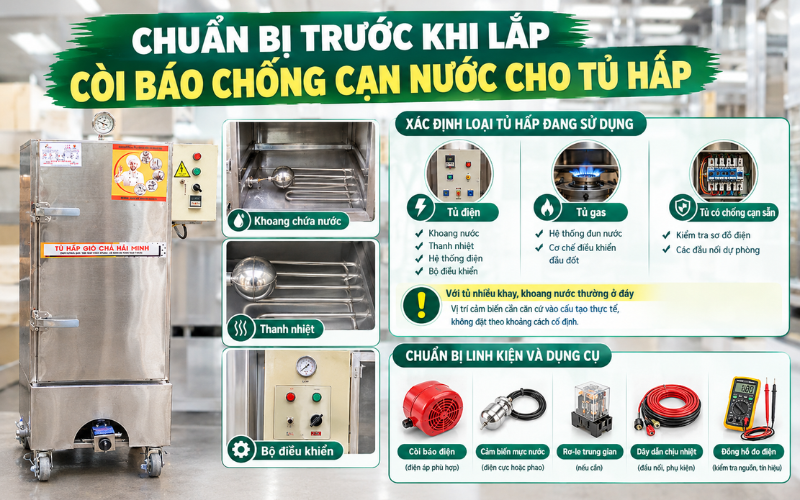 Chuẩn bị trước khi lắp còi báo chống cạn nước cho tủ hấp