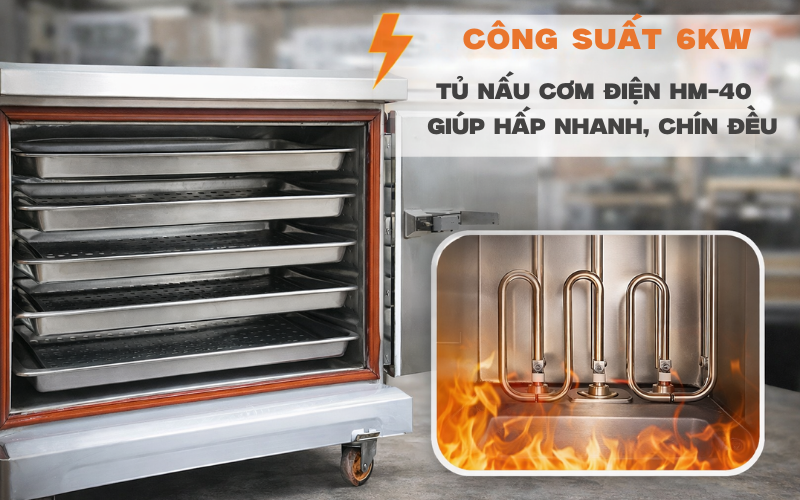 Công suất 6Kw của tủ nấu cơm điện HM-40 giúp hấp nhanh, chín đều