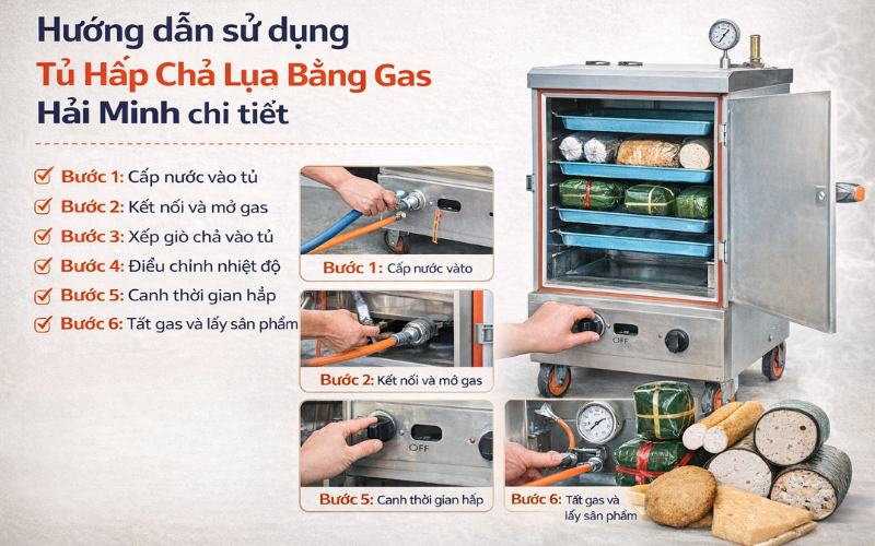 Hướng dẫn sử dụng tủ hấp chả lụa bằng gas Hải Minh chi tiết