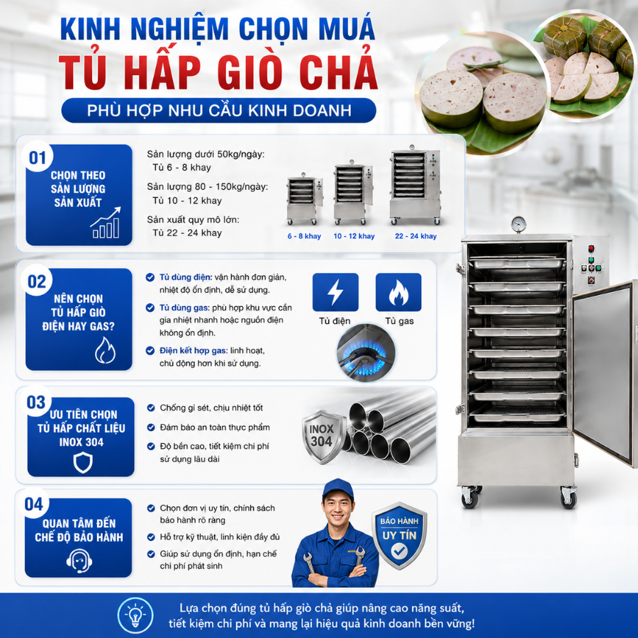 Kinh nghiệm chọn mua tủ hấp giò chả phù hợp nhu cầu kinh doanh