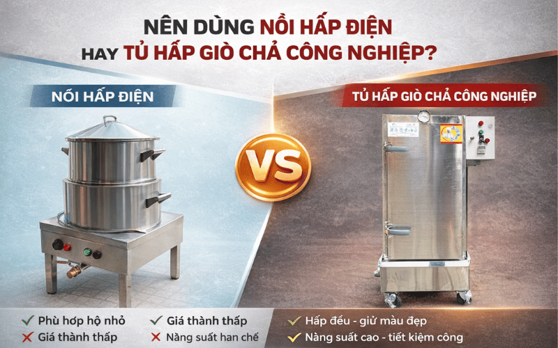 Trong sản xuất giò chả, rất nhiều người tập trung đầu tư máy xay, máy quết, khuôn gói mà lại đánh giá thấp công đoạn hấp. Thực tế, hấp mới là khâu quyết định sản phẩm có đạt hay không: giò có chín đều không, có giữ được độ dai tự nhiên không, có ra nước hay bị bở sau khi nguội hay không. Chính vì vậy, nên lựa chọn nồi hấp điện hay tủ hấp giò chả công nghiệp là phù hợp nhất cùng xem ngay bài viết dưới đây. 